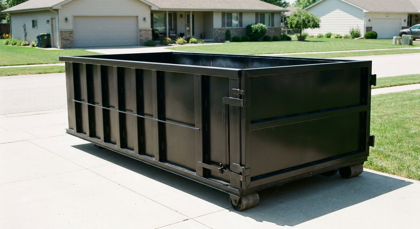 Matte-black 10-yard roll-off dumpster on a residential concrete driveway in Toledo, uniformly painted matte black across every panel and rail, ribbed steel sidewalls and rear swing door visible, mid-day daylight.