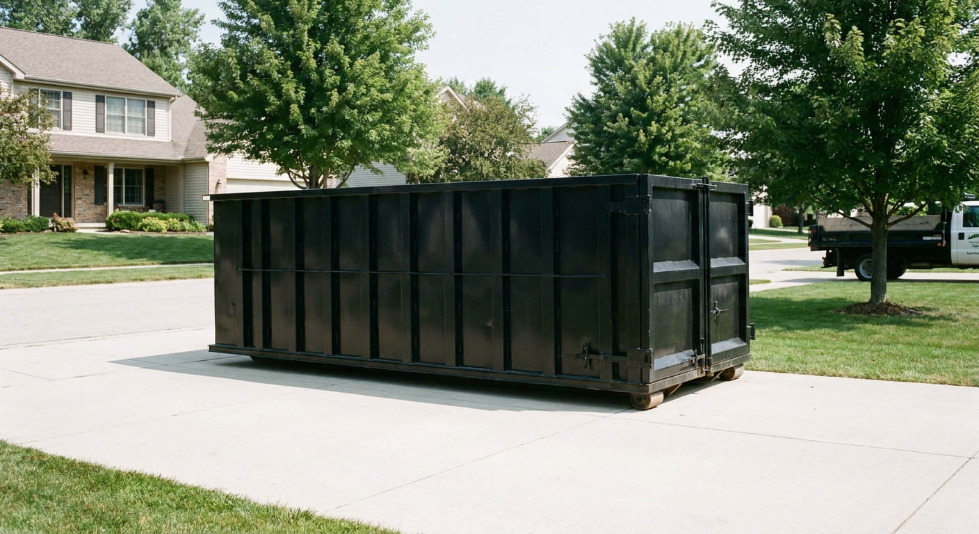 Matte-black 20-yard roll-off dumpster sitting level on a clean Toledo residential concrete driveway under bright daylight, demonstrating clean placement directly on the concrete.