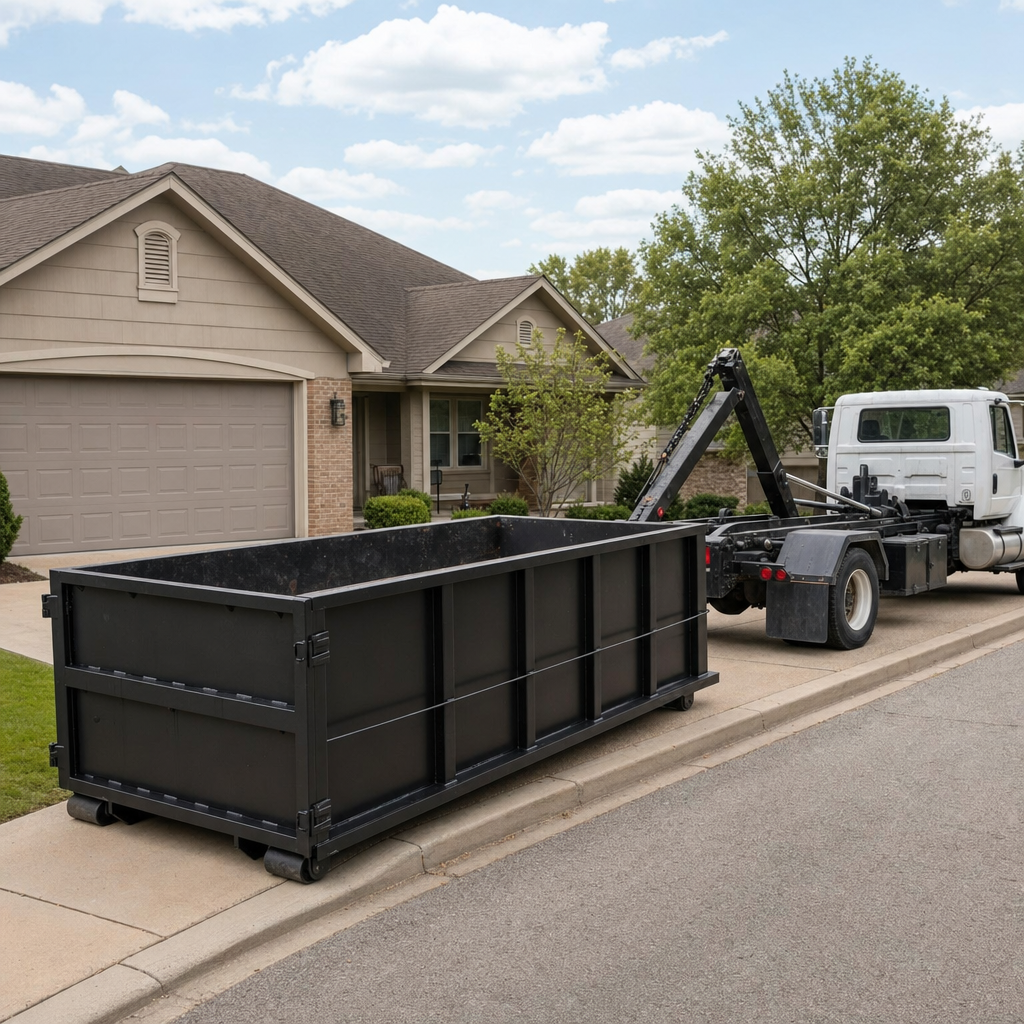 Wide documentary shot of a matte-black roll-off dumpster on a Toledo residential driveway in the foreground and a contractor jobsite container in the soft-focus background, bright daylight, calm and orderly composition.